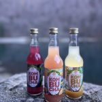 Trois bouteilles de kombucha bio