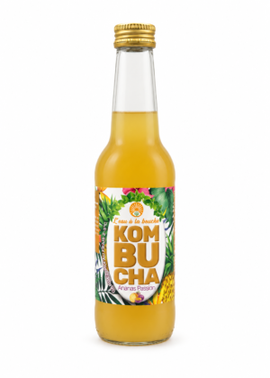 Kombucha Ananas Passion L’eau à la bouche, bouteille 33 cl sur fond blanc