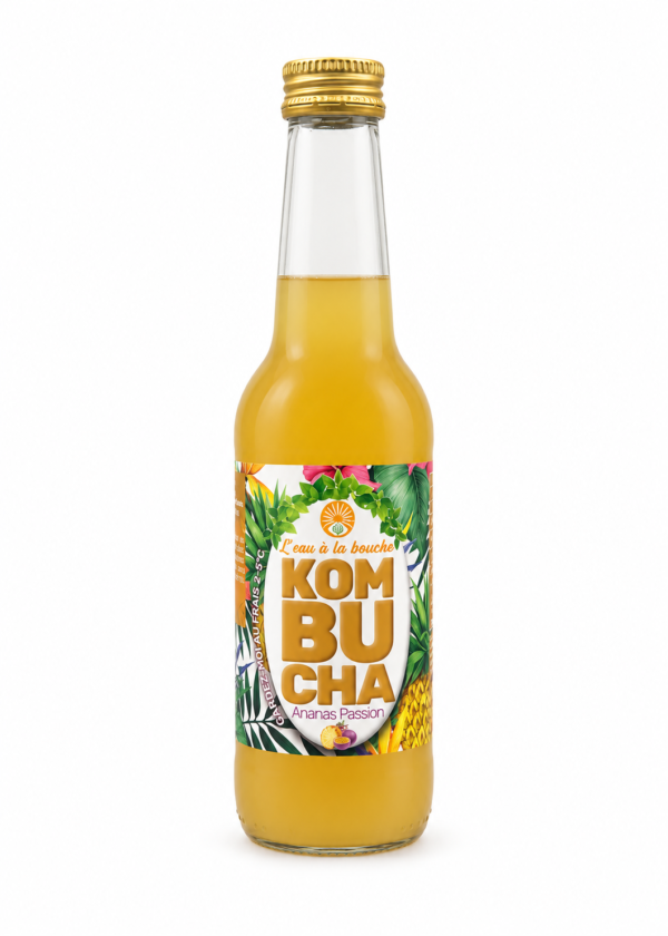 Kombucha Ananas Passion L’eau à la bouche, bouteille 33 cl sur fond blanc