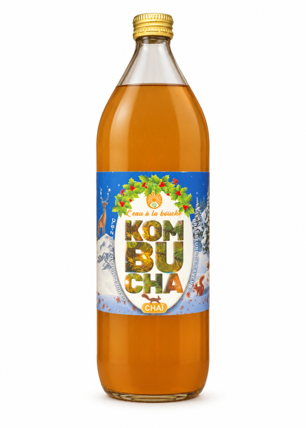 Kombucha Kombuchaï L’eau à la bouche, bouteille 1 L sur fond blanc