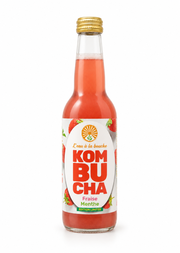 Kombucha Fraise Menthe L’eau à la bouche, bouteille 33 cl sur fond blanc