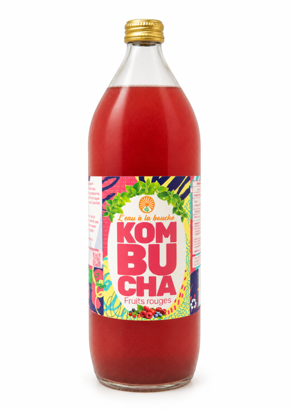 Kombucha Fruits Rouges L’eau à la bouche, bouteille 1 L sur fond blanc