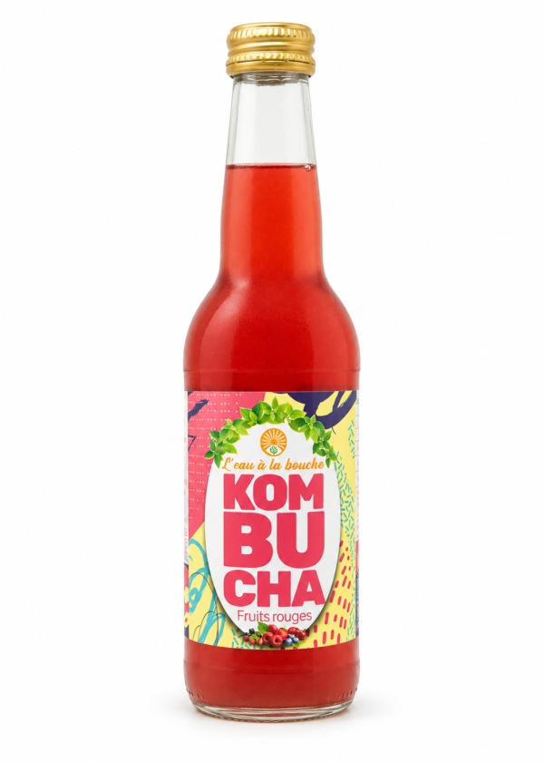Kombucha Fruits Rouges L’eau à la bouche, bouteille 33 cl sur fond blanc