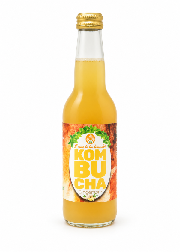 Kombucha Gingembre L’eau à la bouche, bouteille 33 cl sur fond blanc