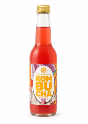 Kombucha Hibiscus Rose L’eau à la bouche, bouteille 33 cl sur fond blanc