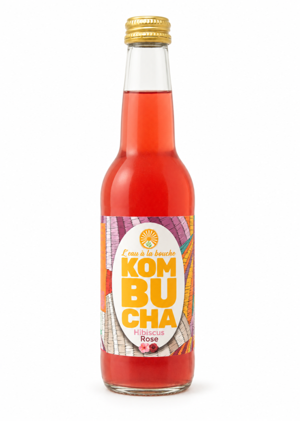 Kombucha Hibiscus Rose L’eau à la bouche, bouteille 33 cl sur fond blanc