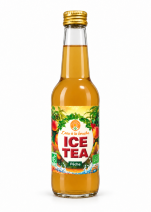 Ice Tea Pêche L’eau à la bouche, bouteille 33 cl sur fond blanc