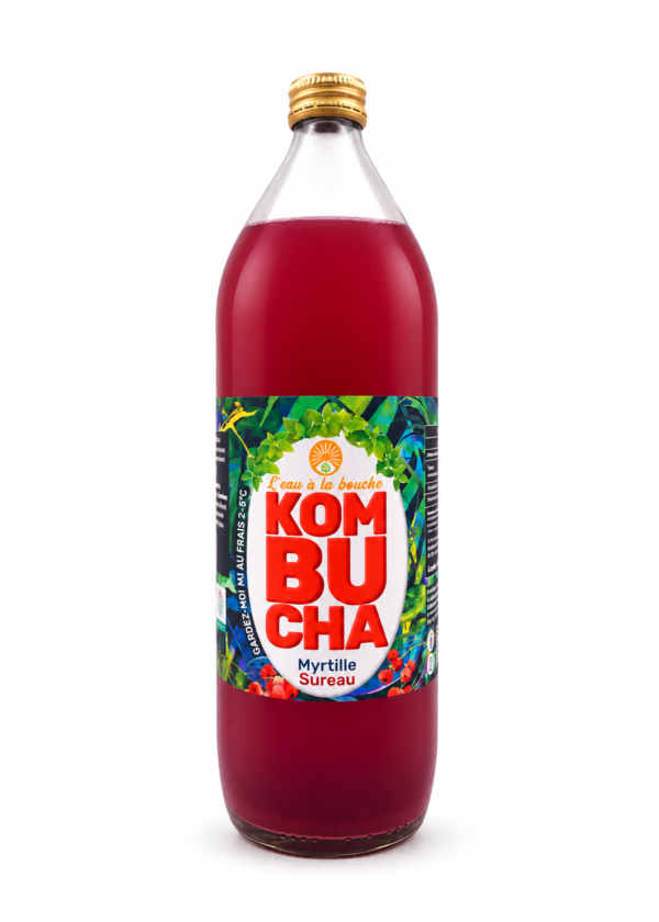 Kombucha Myrtille Sureau L’eau à la bouche, bouteille 1 L sur fond blanc