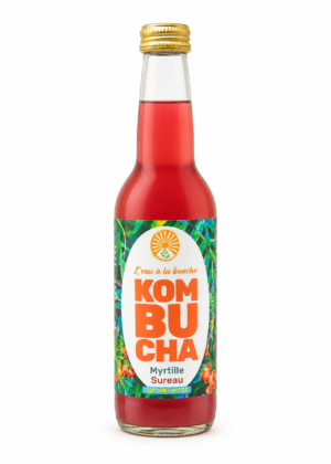 Kombucha Myrtille Sureau L’eau à la bouche, bouteille 33 cl sur fond blanc