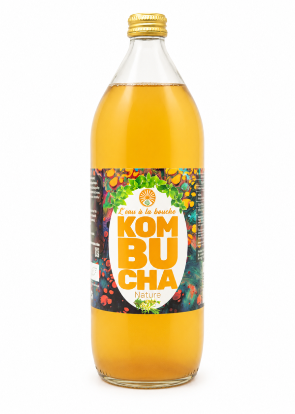 Kombucha Nature L’eau à la bouche, bouteille 1 L sur fond blanc