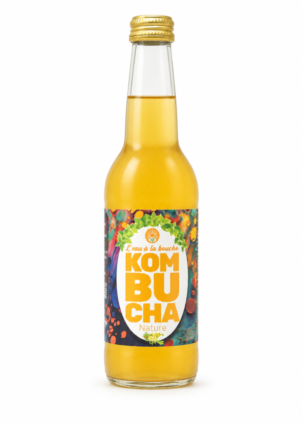 Kombucha Nature L’eau à la bouche, bouteille 33 cl sur fond blanc