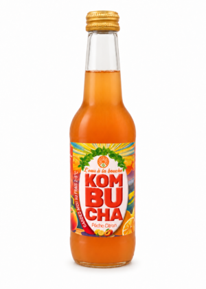 Kombucha Pêche Citron L’eau à la bouche, bouteille 33 cl sur fond blanc