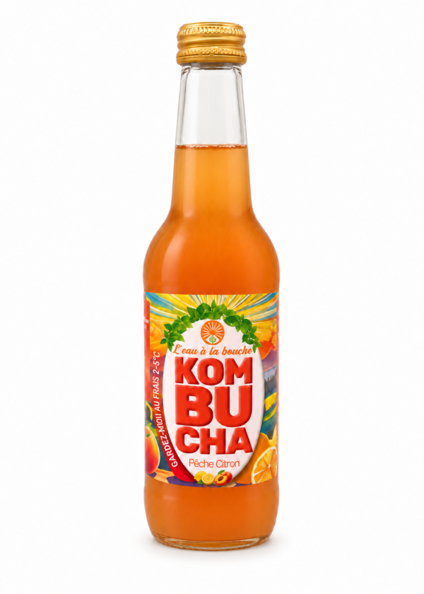 Kombucha Pêche Citron L’eau à la bouche, bouteille 33 cl sur fond blanc