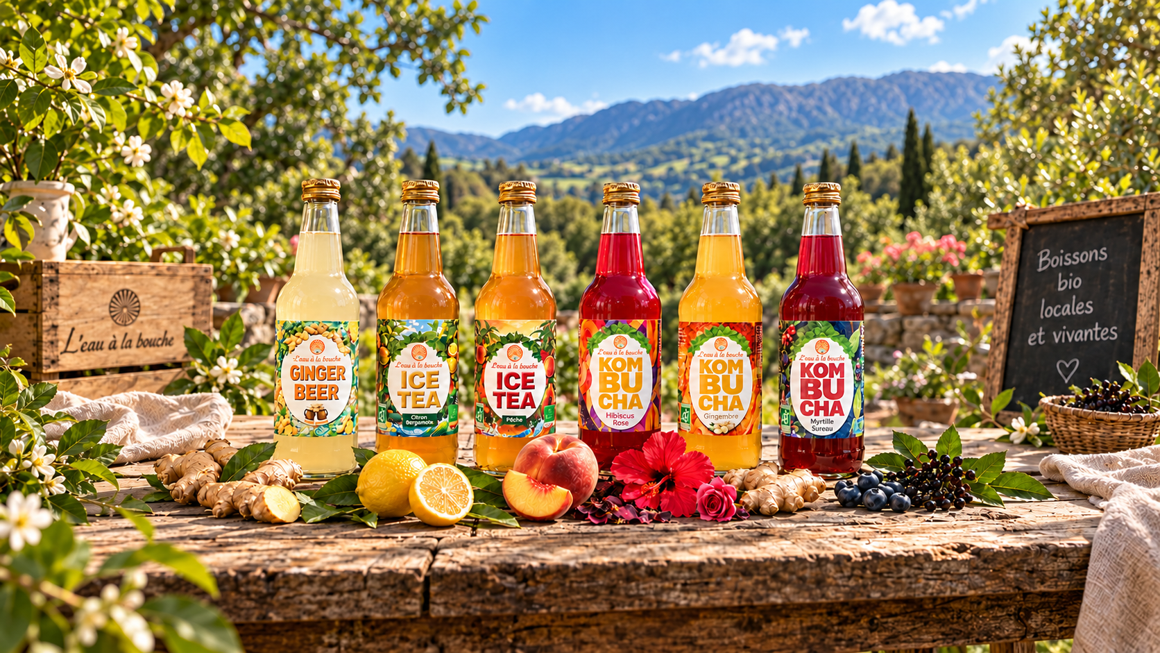 Gamme L’eau à la bouche : ginger beer, ice teas et kombuchas dans un jardin